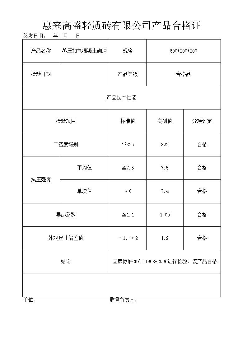 蒸压加气混凝土砌块合格证xls