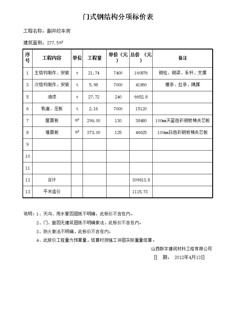 厂房钢结构报价单样本xls