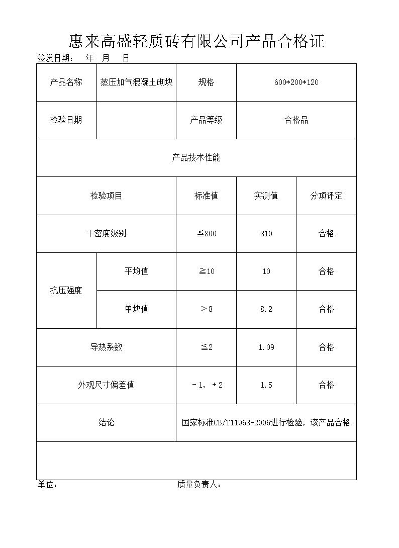 蒸压加气混凝土砌块合格证xls